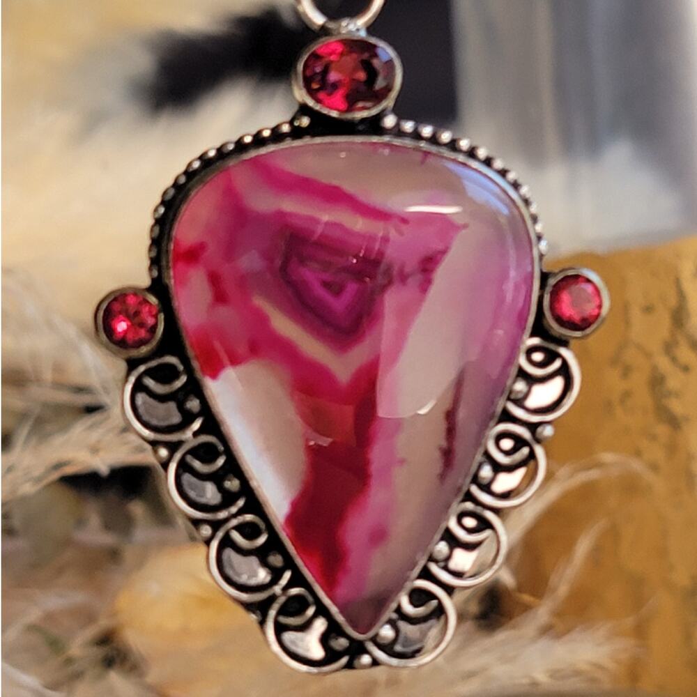 Bold Sterling Silver Pink Agate Pendant with Faceted Ruby Accents